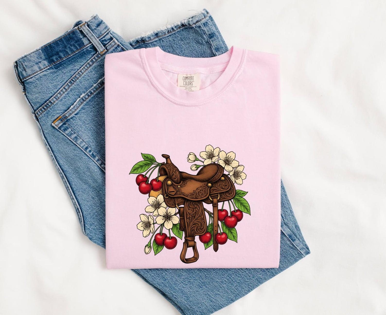 Cowboy Saddle Shirt Cowgirl Botanical Gift Women Retro Tee Saddle T-Shirt Cowgirl Fan Vintage Tshirt Floral Graphic Sketch Blossom Flower 2XL