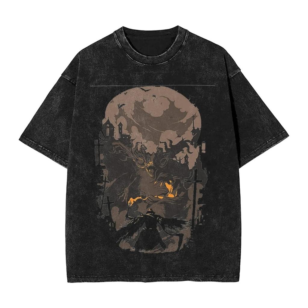Hot Game Peripherals Bloodborne Darks Souls Graphic Print TShirt Streetwear Vintage Washed Cotton Top Oversized Summer New Tees