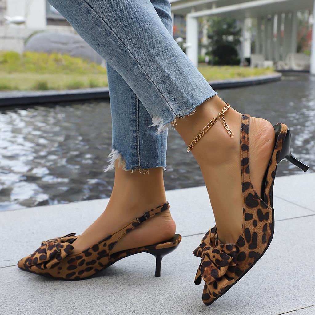 Sexy Sandals Women Casual Thin High Heels Shoes Women Leopard Butterfly Knot Elastic Band Pointed Toe Summer Sandals Plus Size