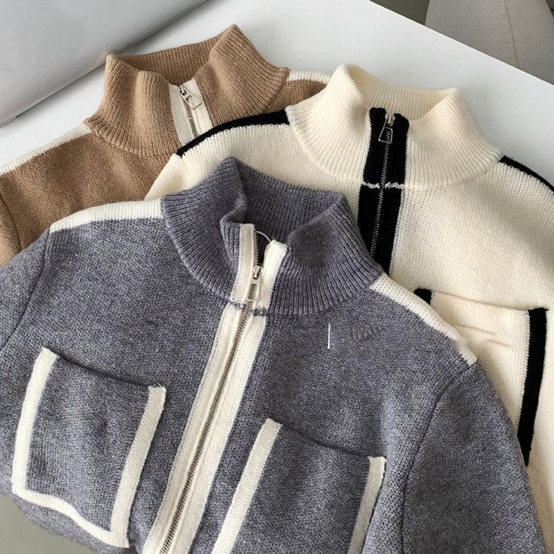 Women's Double-head Zipper Knitted Cardigan Pocket Contrast Loose Knit Sweater Stand Collar Cardigan Jacket Knitted Coat  Top