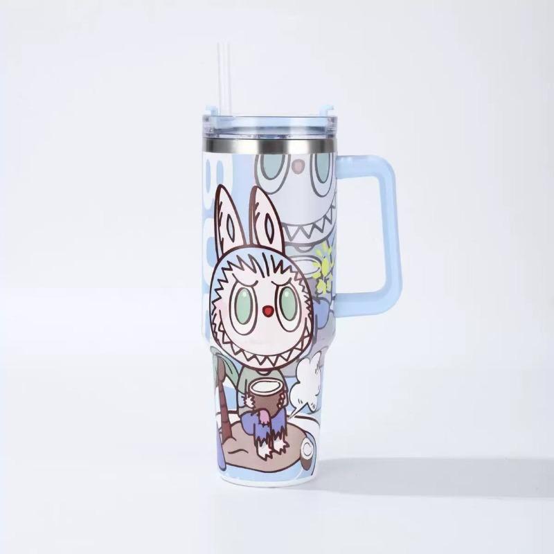 Cartoon Pattern 40oz Car Cup 304 Stainless Steel Thermos Cup Car Straw Bingba Cup