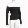 Schwarz Solide Slash Neck Elegante Langarm Tops Koreanische Mode Schlank Sexy Gestellte T Shirt Frauen Herbst Kleidung
