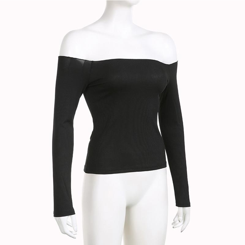 Černá Jednolité Lůžko Výstřih Elegantní Topy s dlouhým rukávem Korejská móda Štíhlá sexy triko s zkráceným střihem Ženy podzimní oblečení