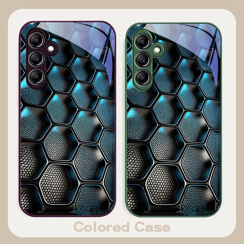 Blue Gradient Grid For Samsung Galaxy A01 02 03 Core A04 A14 4G A13 54 34 31 20 25 23 22 5G S21 Ultra S20 Glass Phone Case