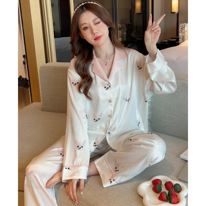 New Ice Silk Pajamas Women'S Summer Suit Student Girl Long-Sleeved Trousers Two Pieces Silk Loungewear