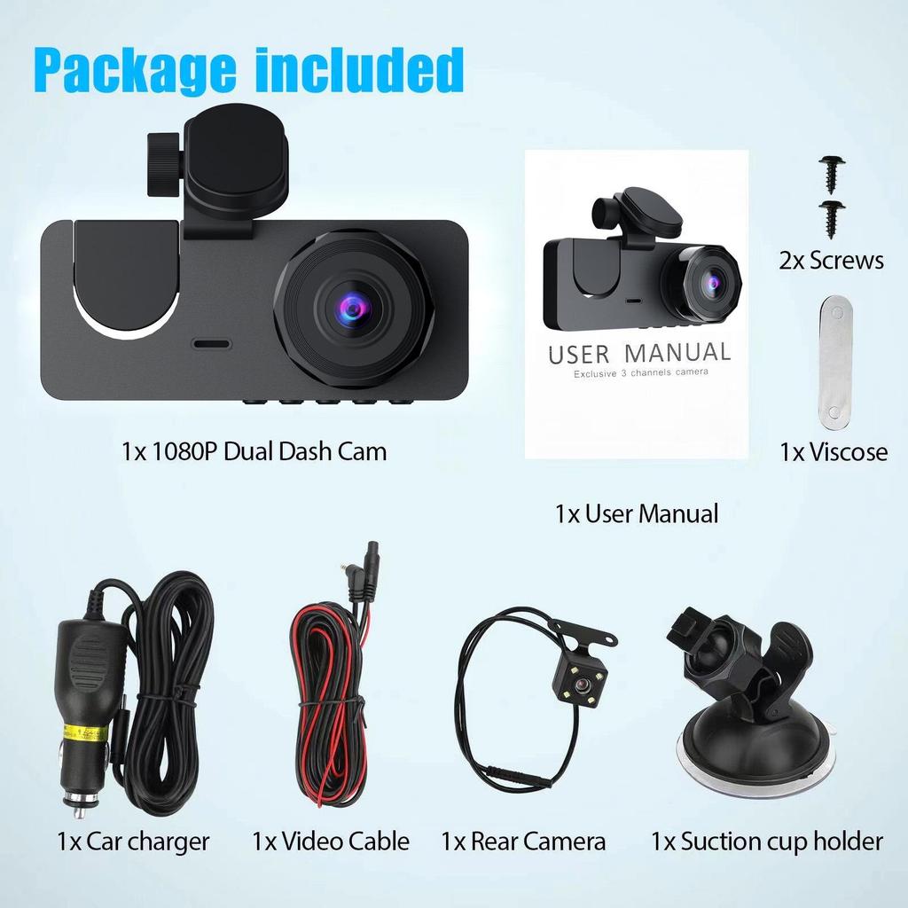 High-Definition Dual-Lens Dash Cam with Wide-Angle Night Vision and WiFi for Front, Interior, and Rear Recording