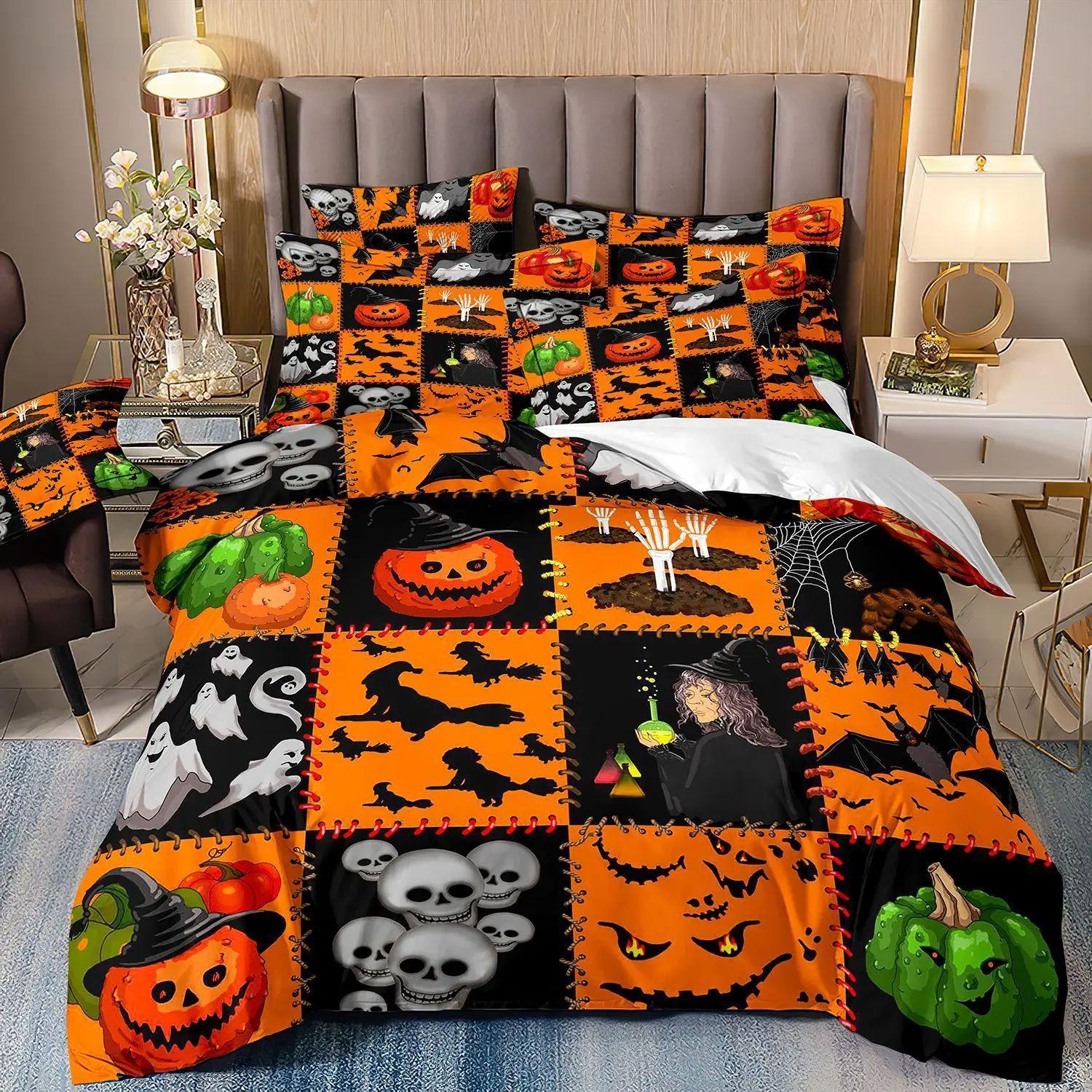 Halloween duvet cover 3D digital printing bedding three-piece set pumpkin bat pillowcase