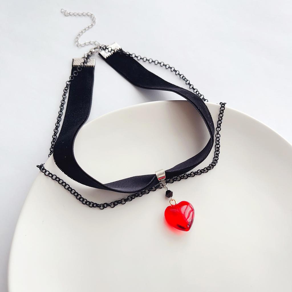Dark gothic style, black velvet ribbon tassel chain, red heart-shaped pendant, choker collar, neckband, necklace for women