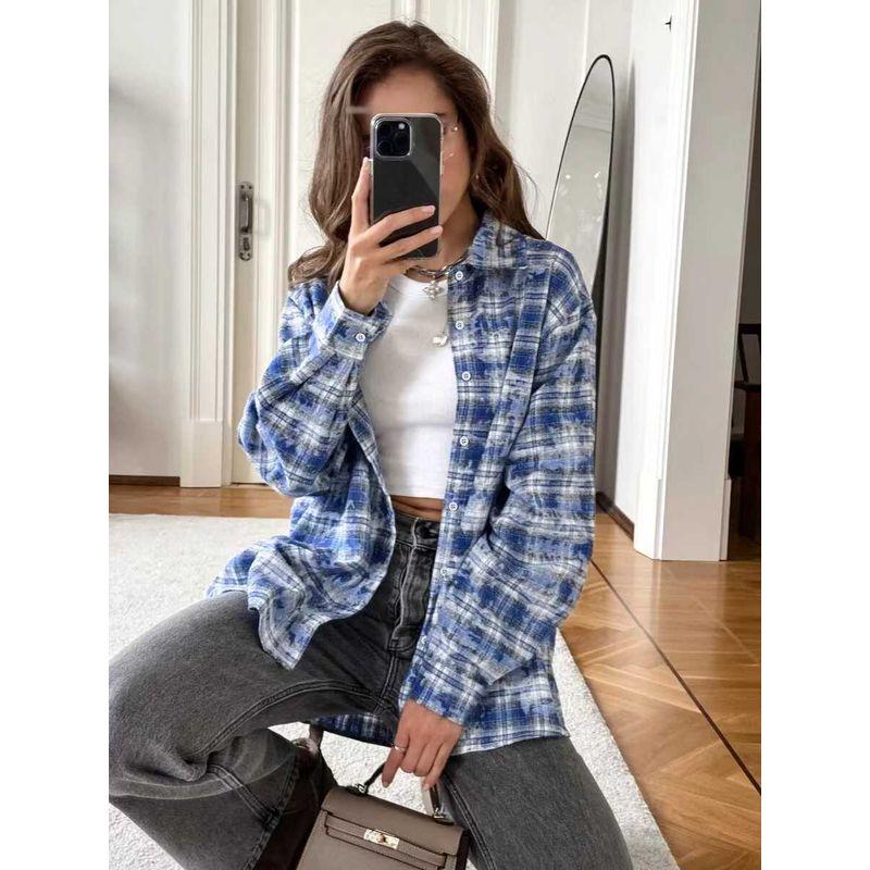 

Western Style Fashion New Classic Plaid Lapel Loose Long sleeve Shirts Checkered Loose Shirt Blue S
