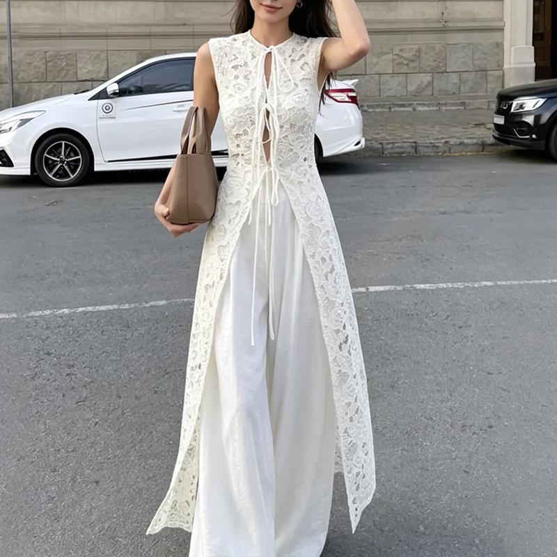 ZANZEA Women Casual Round Neck Sleeveless Lace Long Cardigan Tops