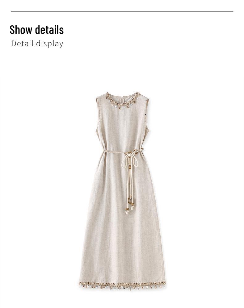 Ärmelloses Kleid im Bohemian-Stil aus Leinen-Tencel mit Muschel-Anhänger & Quaste für Damen