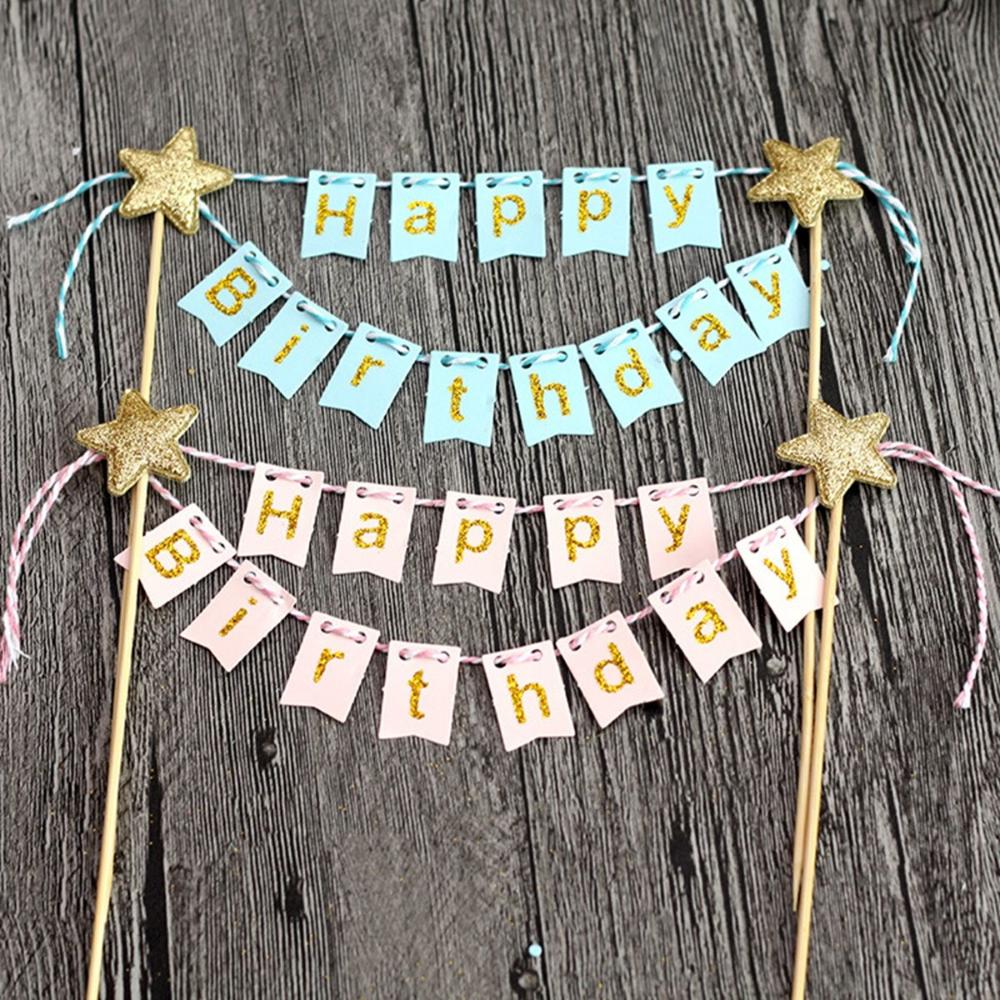 DIY Boys Girls Bunting Gold Stars Banner Party Supplies Cake Flags Cake Topper Baking Decoration
