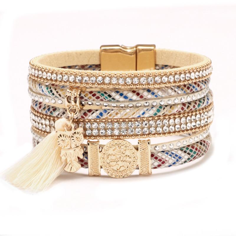 

Diamond-encrusted bracelet, bohemia tassel colorful magnetic bracelet, owl metal pu leather bracelet
