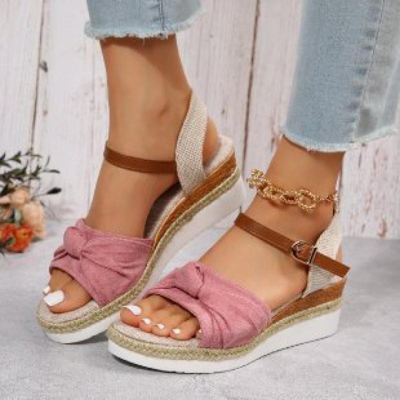 New sandals women's bow hemp rope bottom light casual fish mouth thick bottom cool