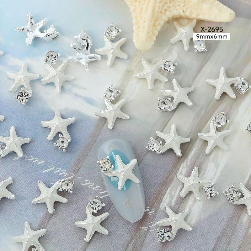 10Pcs Ocean Starfish Shell Nail Charms Nail Rhinestones 3D Diamond Alloy Nail Art Decoration DIY Manicure Nail Part Salon Summer
