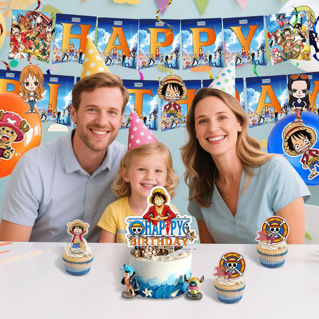 Cartoon Anime Theme Birthday Party Decorations, Pull Flags, Hanging Spiral Balloons, Insert Rows, Birthday Decorations