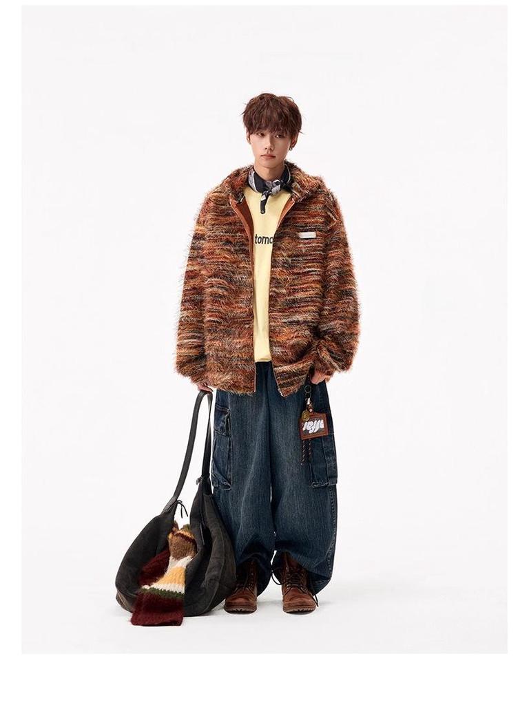 Unisex Gradient Striped Hooded Sweatshirt - Retro Winter Cardigan Style with Oil Painting Knit Design