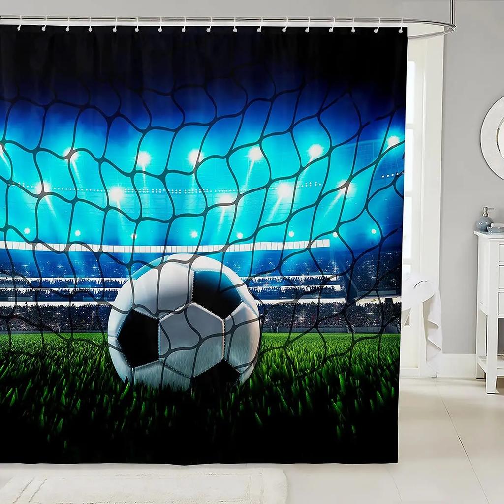 Abstract Football Pattern Shower Curtain Sport Theme Soccer Black and White Colors Waterproof Polyester Bath Curtain with Hooks