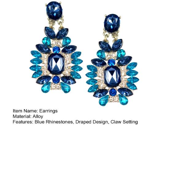 1 Pair Drop Earrings for Women, Geometric Exaggerated Blue Rhinestones Draped Earrings, Retro Palace Style Parties Jewelry
