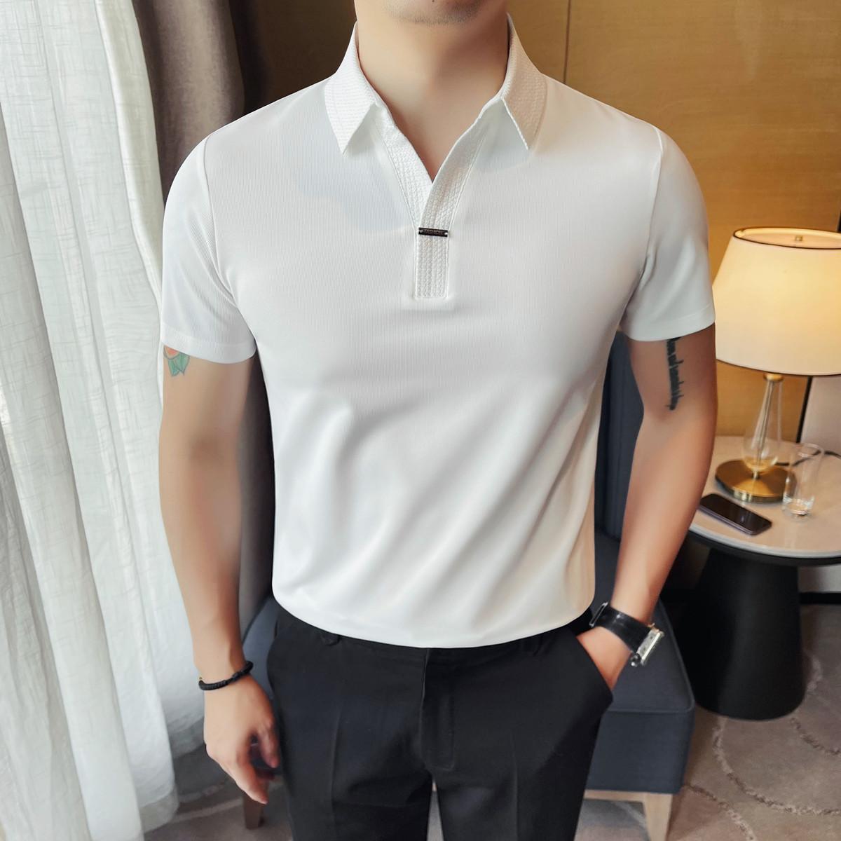 

Summer Ice Silk Seamless Short Sleeved Polo Shirt Men s Korean Fashion Turn Down Collar T-Shirt Casual Business Polo T-Shirts M белый