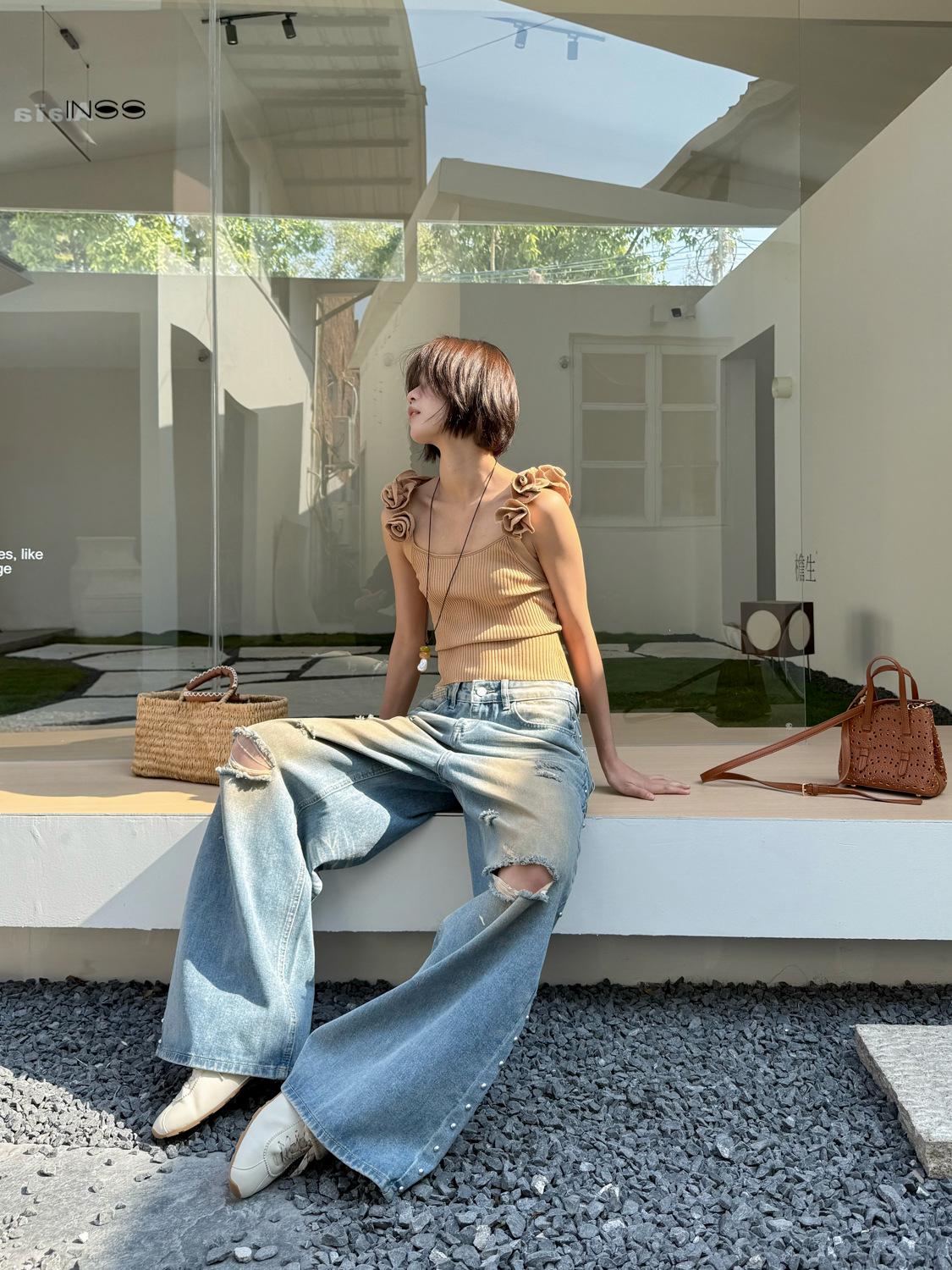 INSS Women s High Waist Loose Wide Leg Jeans with Hole Design - 2026 Spring/Summer Collection #91125 Medium синий