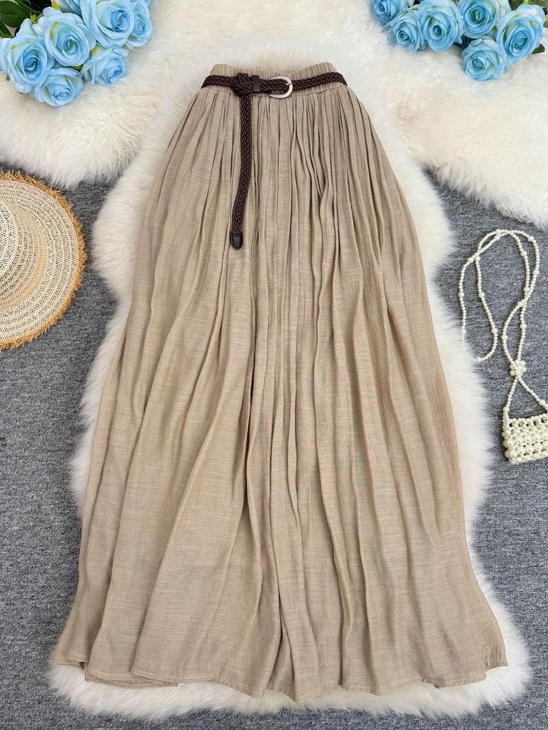 European & American A-line Pleated Cotton Linen Skirt with Elastic Waist - Mid-Length, Versatile, Women's