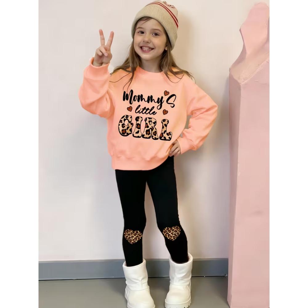 Girls' Leopard Letter Casual Comfortable Soft Loose Pullover Sweatshirt and Leggings 2-Piece Set, New Autumn/Winter, Playful, Sweet and Cool Style
