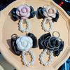 Elegant Camellia Keychain with Pearl Chain & Rhinestone Edge – Perfect Car Key Accessory & Bag Charm