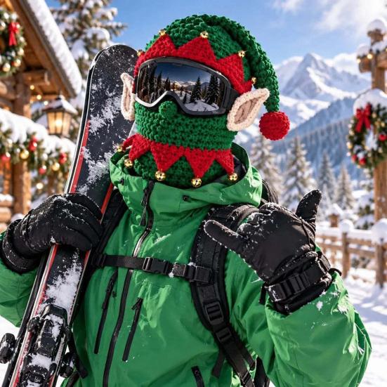 Warm Christmas Face Masque 3D Knitted Ski Masque, Funny Santa Claus Elf Gingerbread Balaclava, Unique Gift for Skiers Winter Full Cold