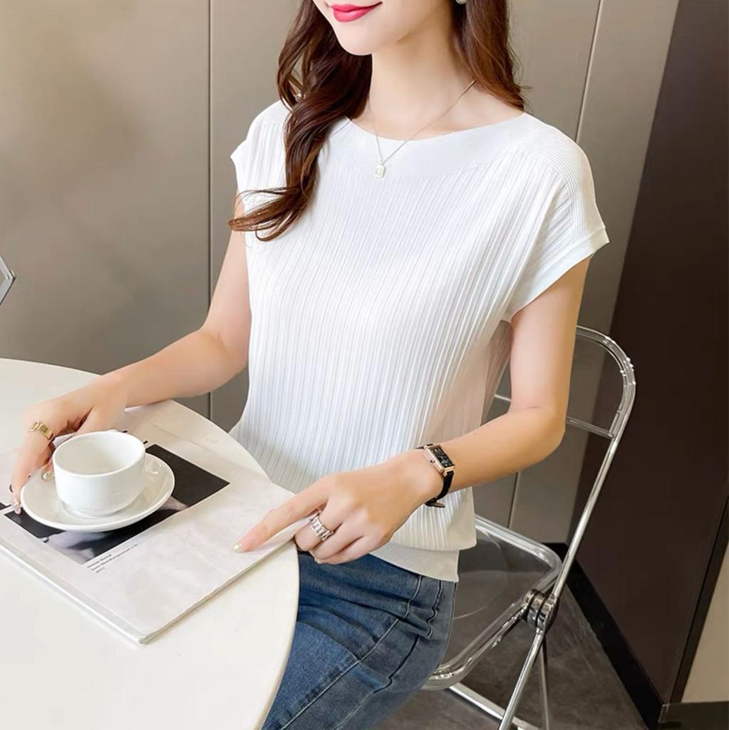 Dames Zomer Effen Kleur Losse Pasvorm Gebreide Top Lichtgewicht Elegante Blouse met Ronde Hals