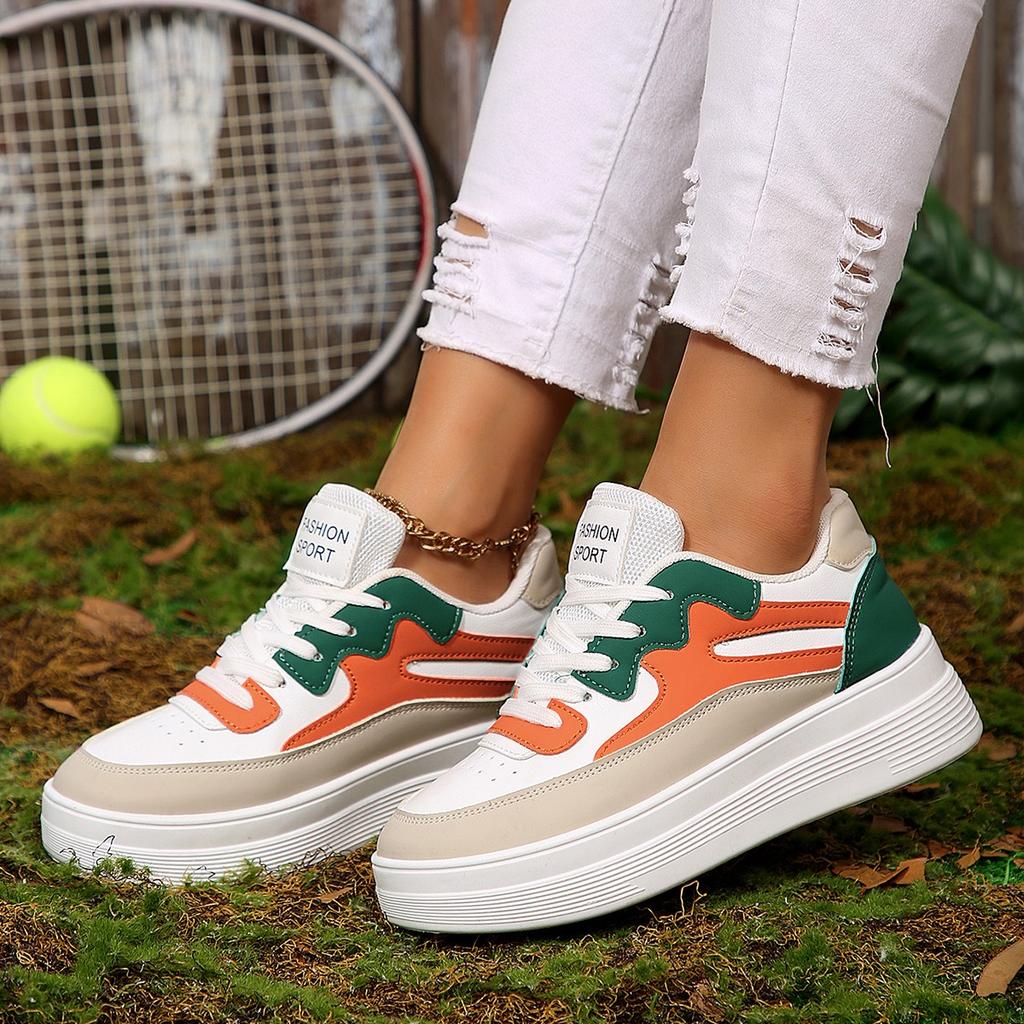 Fashion Sneakers Women's Colorblock Lace-up Breathable Sneakers Woman Campus Sneakers Show Feet Soft Leather Casual Shoes Women