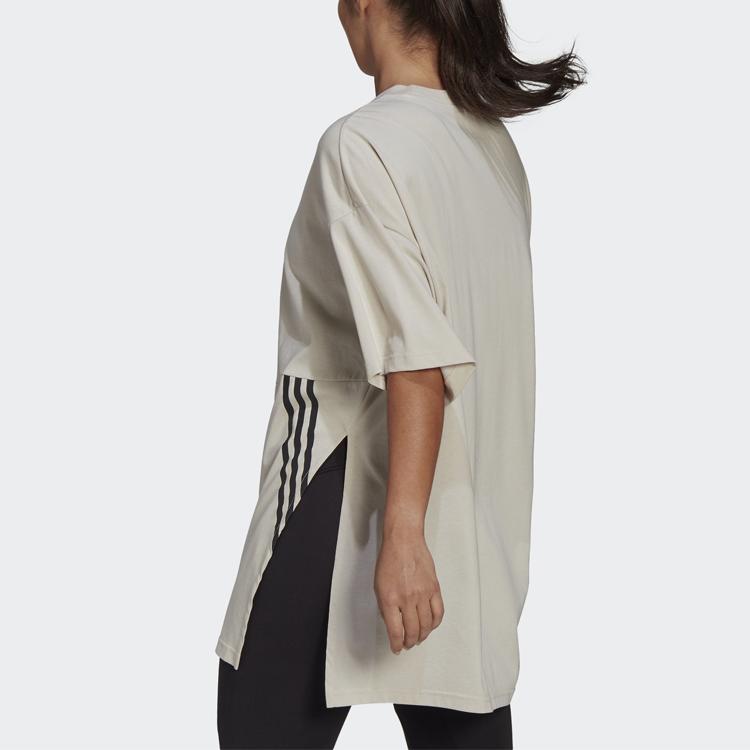 Adidas Oversized Tee Training Sports Striped Print Side Slit Round Neck Short Sleeve Drop Shoulder T-Shirt Women Tops Phosphor-Brown H47489