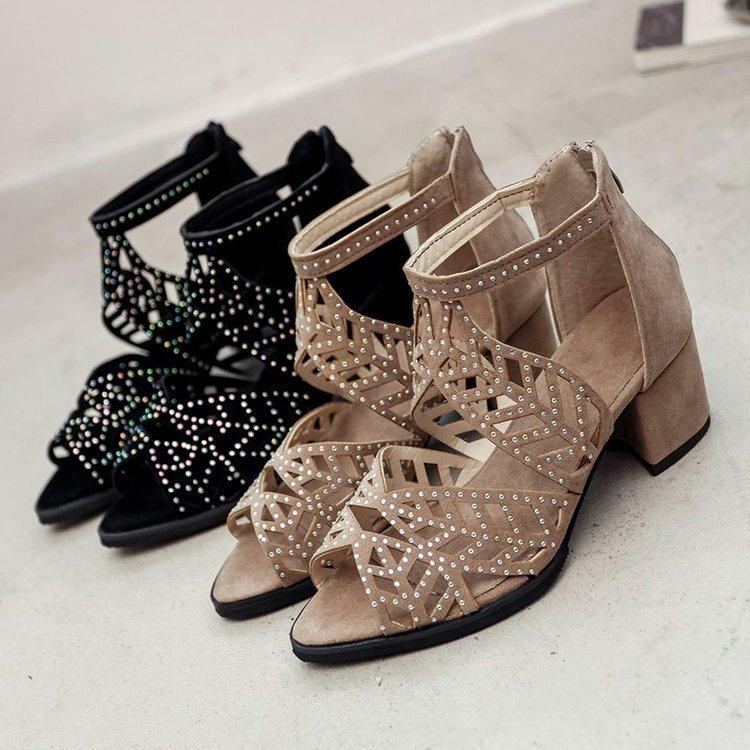 Women Summer Hollow Out Faux Leather Rhinestones Thick Heel Zipper Sandals Shoes