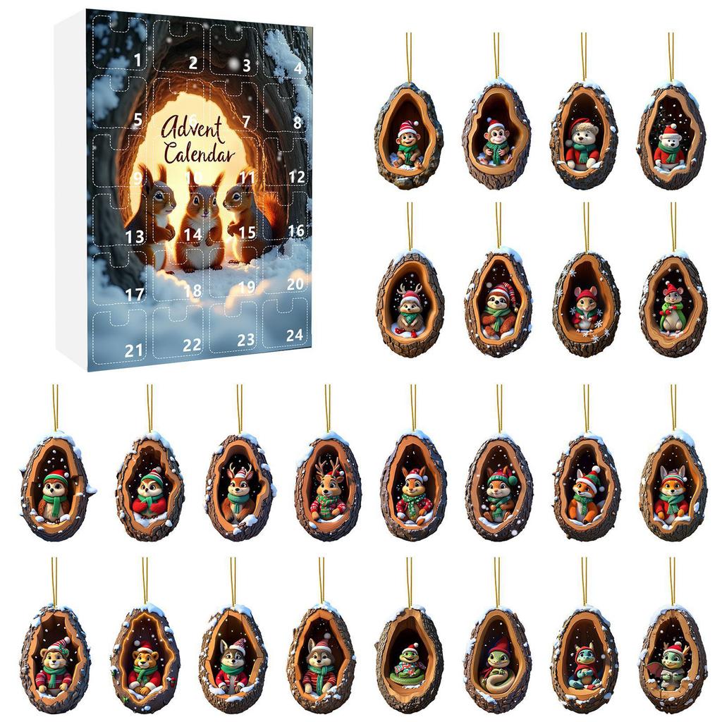 Weihnachts-Countdown-Kalender Verschleißfest Liebenswertes Tier Adventskalender Mini-Baumloch Acryl-Anhänger für Zuhause Party Auto Dekoration