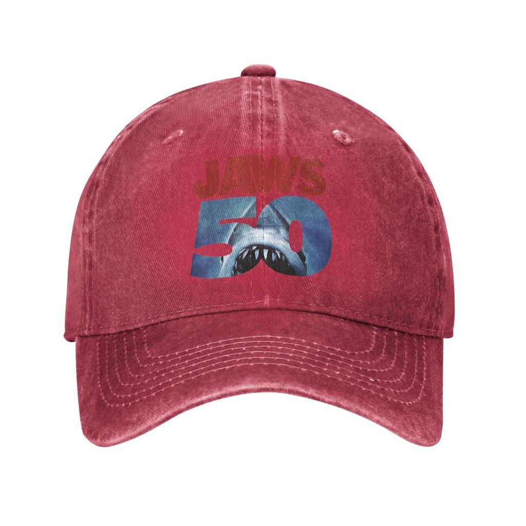 Cappellini da Baseball Logo 50° Anniversario di Lo Squalo Denim Vintage Usurato Snapback Classico Film All'aperto Morbidi Senza Struttura
