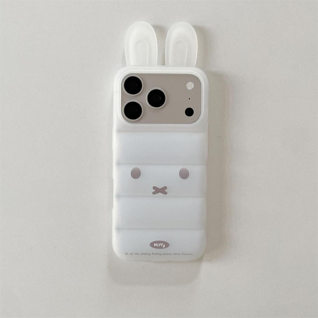 Down Feather 3D Ears Rabbit iPhone 15/16/17 Pro Max Anti-Drop Case