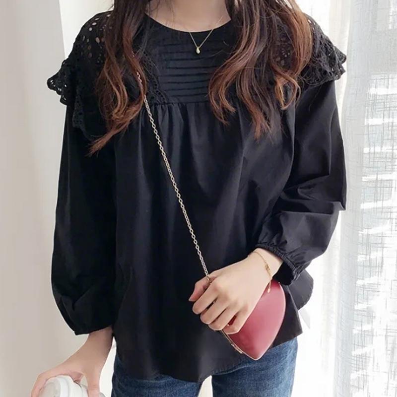 ZANZEA Women Casual Round Neck Long Sleeve Lace Crochet Splice Blouse