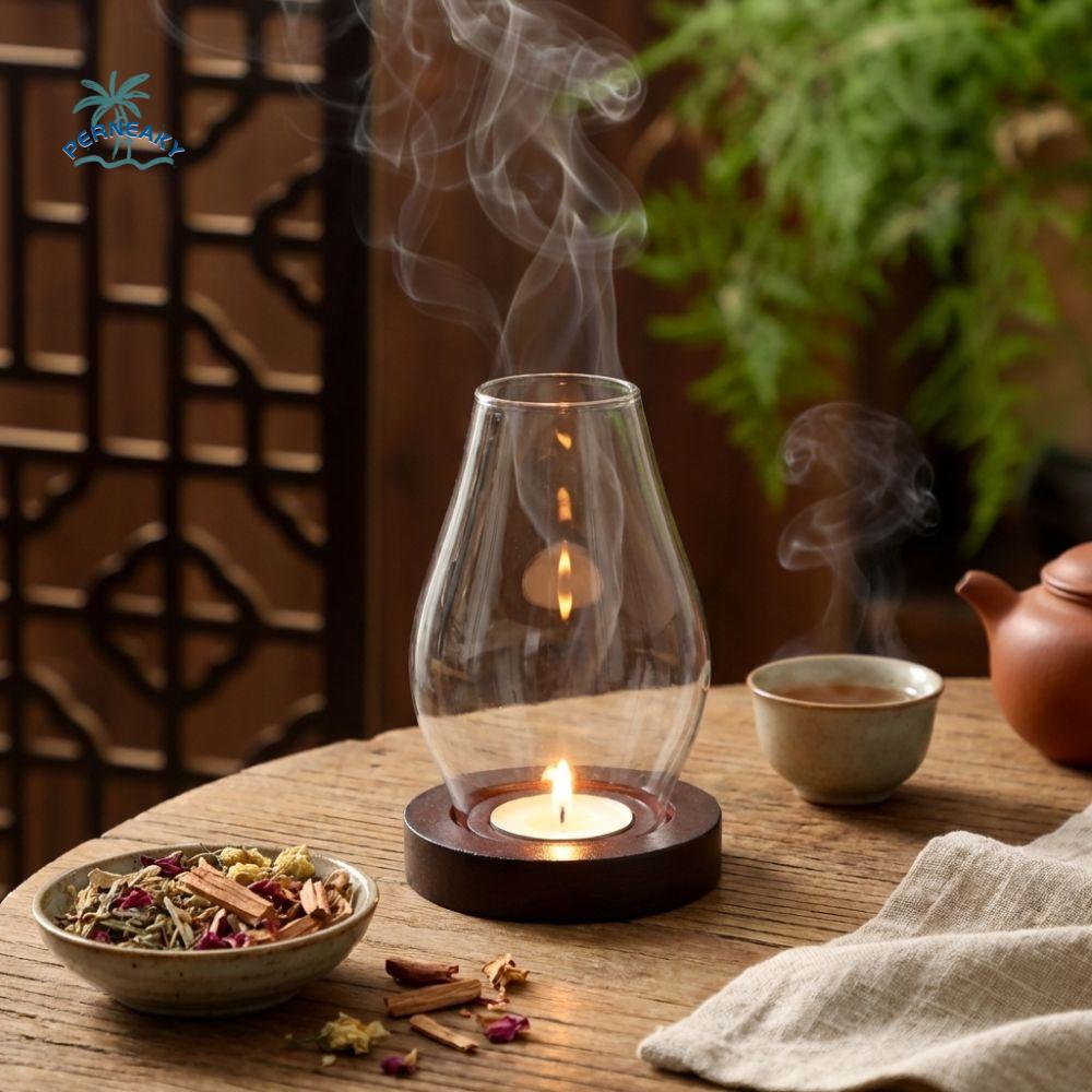 Windproof Glass Candle Holder Solid Wood Base Transparent Tealight Cup Heat-resistant Vintage Style Incense Burner