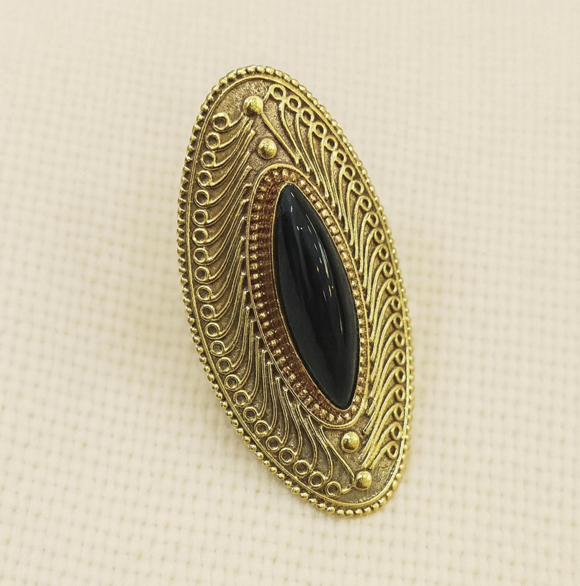 

Кольцо из чистой латуни с черным ониксом огранки «маркиза», кольцо ручной работы, регулируемое кольцо, коктейльное кольцо с филигранным дизайном Adjustable жёлтый