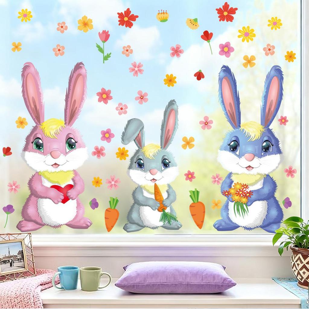 New 2026 Easter Cartoon Rabbit and Colored Eggs Window Clings - Electrostatic Stickers for Mall and Shop Glass Decorations