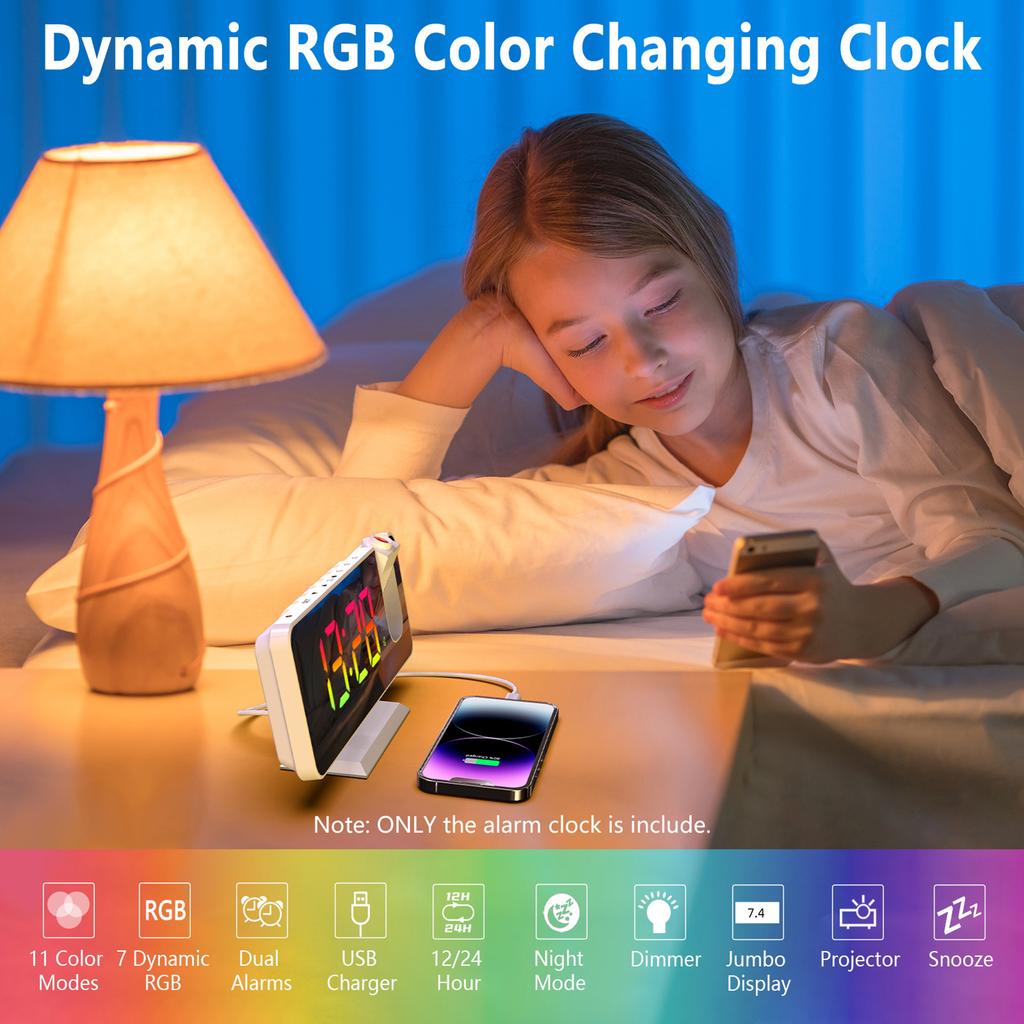 Digital 180 degrees Projection Alarm Clock with Dynamic RGB Light Brightness Snooze Dual Alarm Setting USB Port Mirror Clock for Be