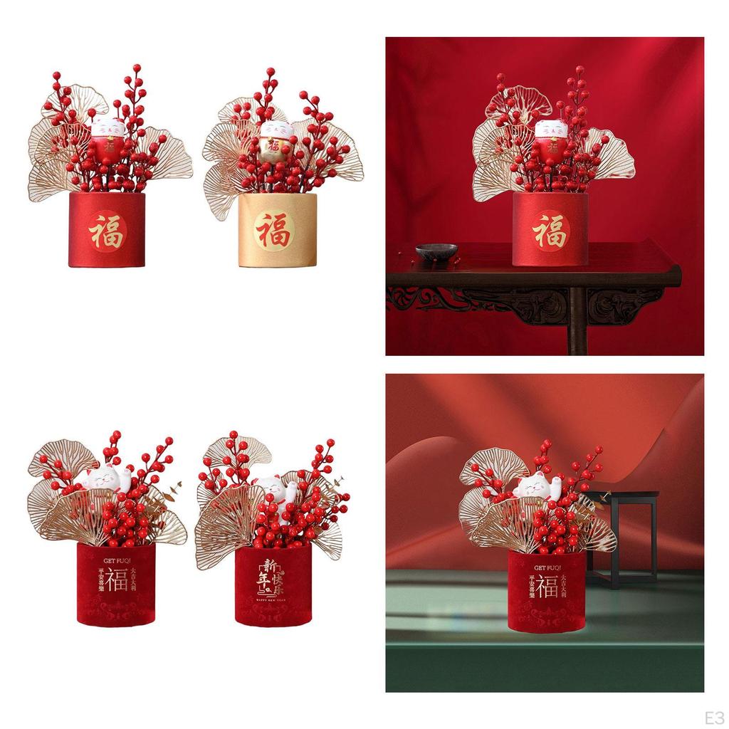 Chinese Flower Basket Ornament Arrangement Red Fruit Tree Celebration Bouquet for Festival
