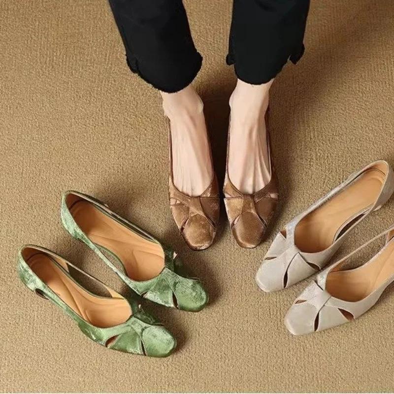 New Hollow Breathable Square Toe Slip-On Solid Color Square Heel Temperament Fashionable and Versatile Summer Women's Shoes