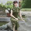 Black Velvet Floral Brocade Qipao Dress Women Vintage Chic Long Fit-and-Flare Sleeveless Style