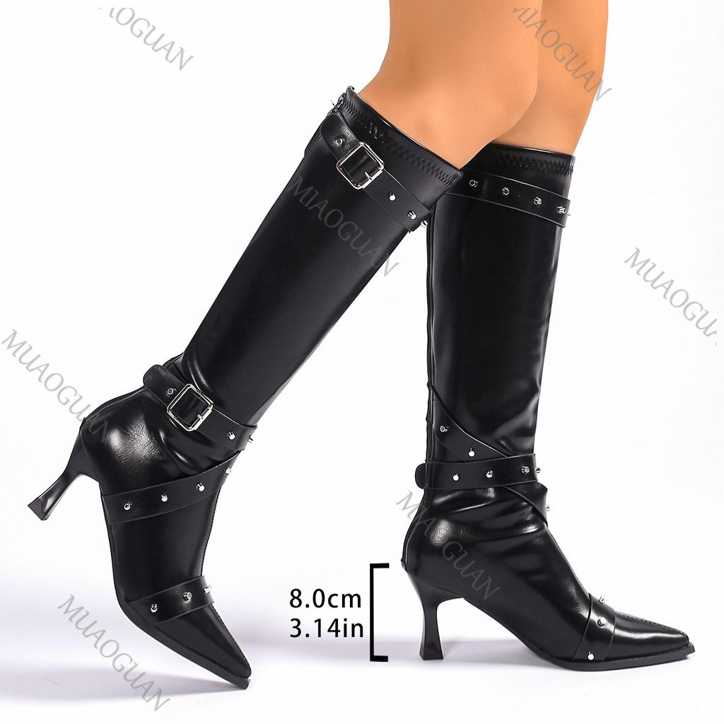 Fashion Women's Knee High Boots Pointed-toe Belt Buckle Slimming High-heeled Fashion Autumn Shoes Sexy Punk Gothic Rivet Long Botas