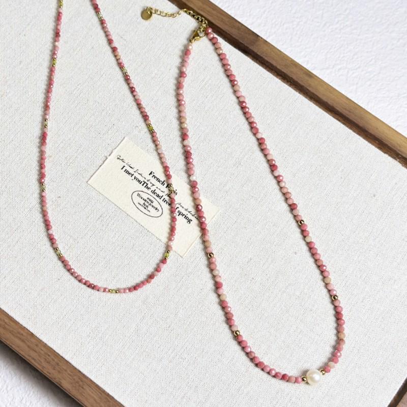 French Red Rhodonite Crystal Necklace - Versatile Layered Clavicle Chain In Titanium Steel