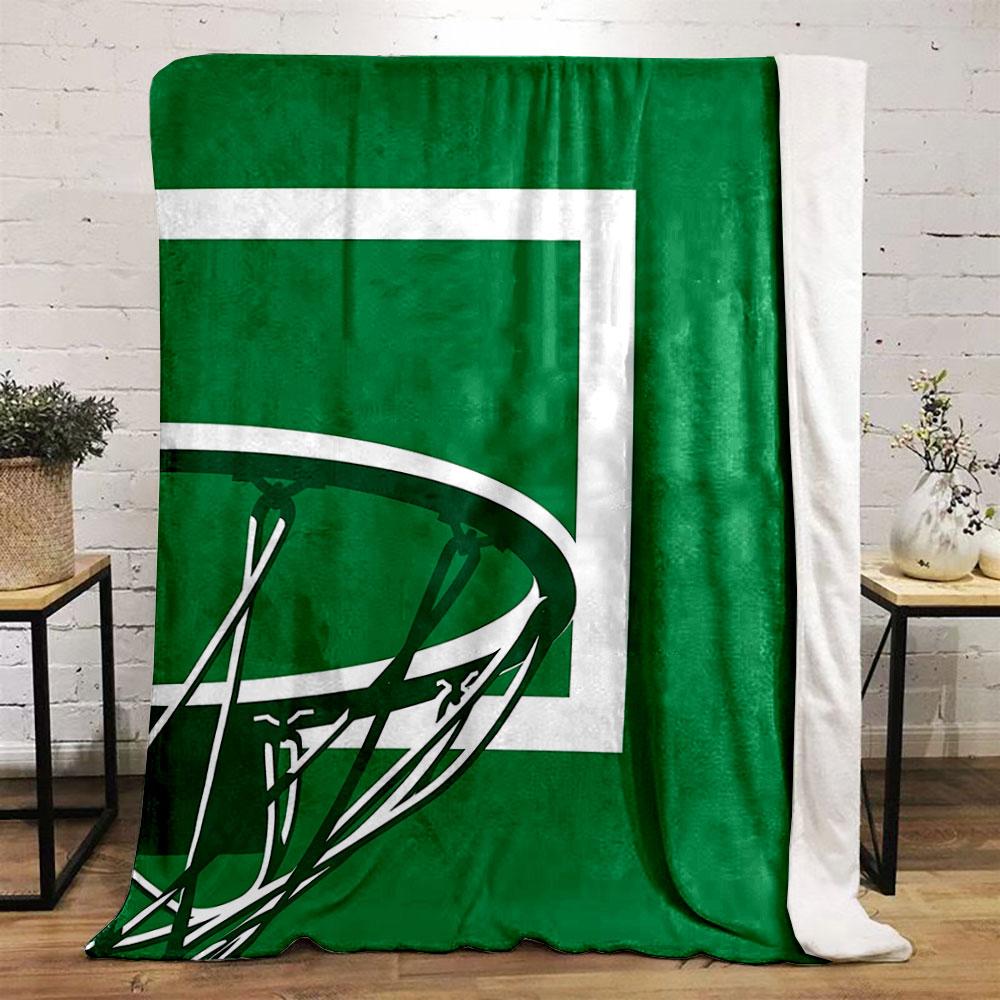 Basketball hoop and net silhouetted against a green background. for all seasons blanket lunch break throw gift