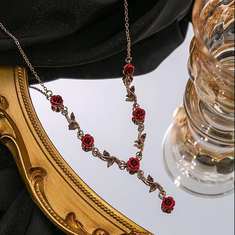 Romantic French Rose Earrings, Red Flower Bracelet, and Retro-Inspired Necklace Set