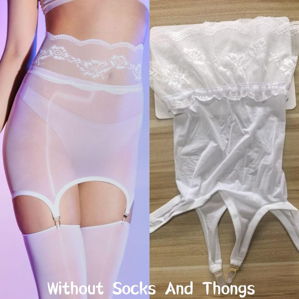 2 In 1 Lace Transparent Mini Skirt With Socks Clips Oil Shiny Hip Wrap Garter Belt Dress Sexy Lingerie Clubwear For Stockings