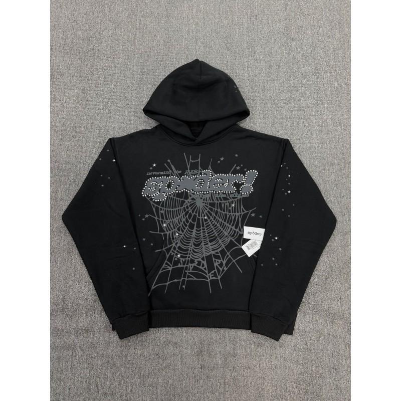 Mens Oversized Hoodie With Spider Web Print Rhinestone Embellishment Cotton Pullover Sweatshirt